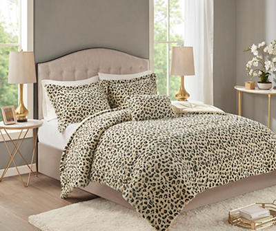 Marselle Brown & Black Leopard Print Faux Fur King 4-Piece Comforter Set