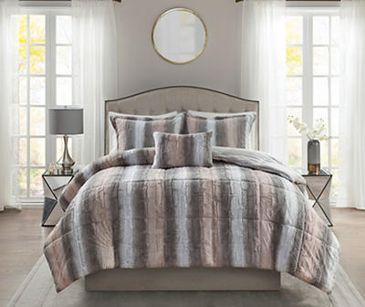 Marselle Blush & Gray Stripe Faux Fur King 4-Piece Comforter Set