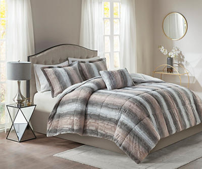 Marselle Blush & Gray Stripe Faux Fur King 4-Piece Comforter Set