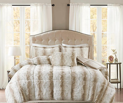 Marselle Sand & White Stripe Faux Fur Full/Queen 4-Piece Comforter Set