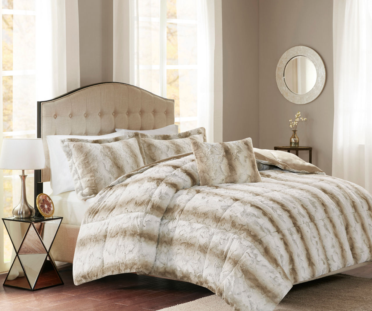 Marselle Sand & White Stripe Faux Fur Full/Queen 4-Piece Comforter Set