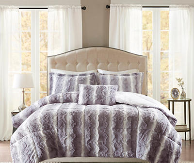 Marselle Gray & White Stripe Faux Fur King 4-Piece Comforter Set