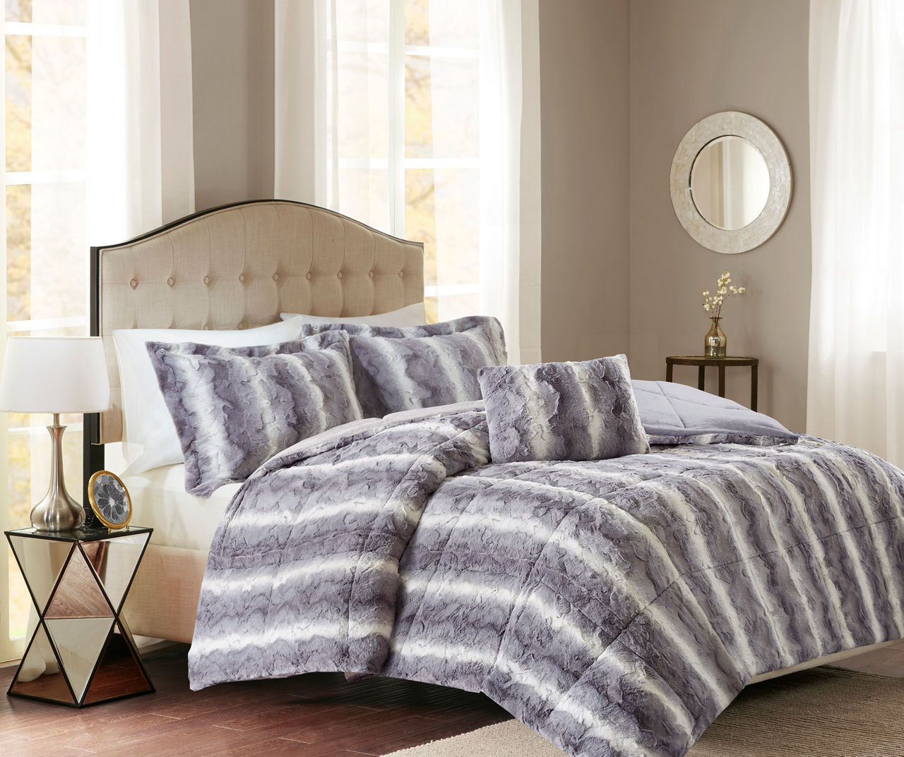 Marselle Gray & White Stripe Faux Fur King 4-Piece Comforter Set | Big Lots