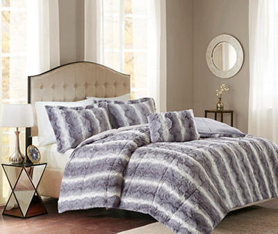 Marselle Gray & White Stripe Faux Fur King 4-Piece Comforter Set