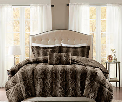 Marselle Brown Stripe Faux Fur Full/Queen 4-Piece Comforter Set