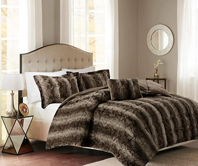 Marselle Brown Stripe Faux Fur Full/Queen 4-Piece Comforter Set