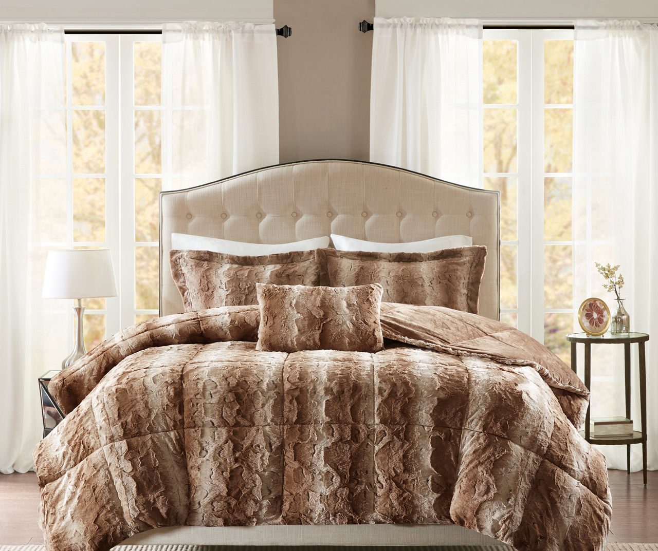 Marselle Brown & Tan Stripe Faux Fur Full/Queen 4-Piece Comforter Set ...