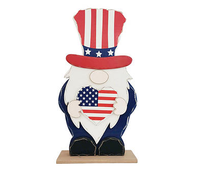 Patriotic Gnome Holding U.S. Heart Wood Porch Sitter