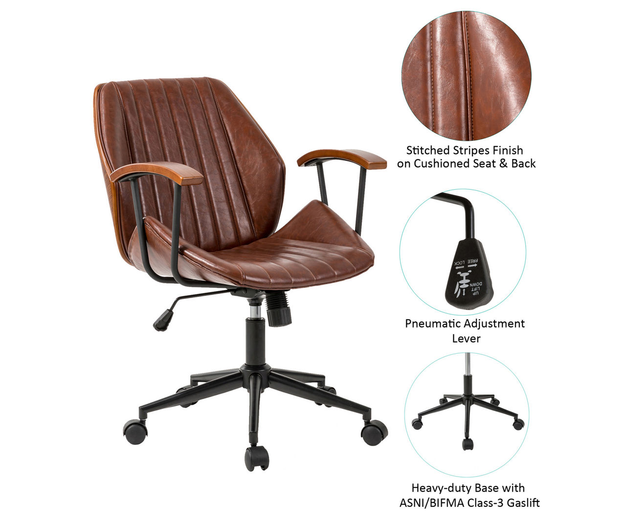 Glitzhome Russet Brown Oil Wax Faux Leather Adjustable Office Chair