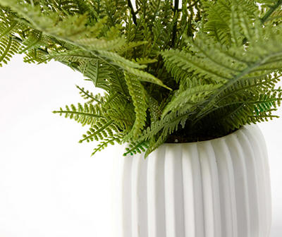 Green Artificial Fern With White Ribbed Ceramic Pot