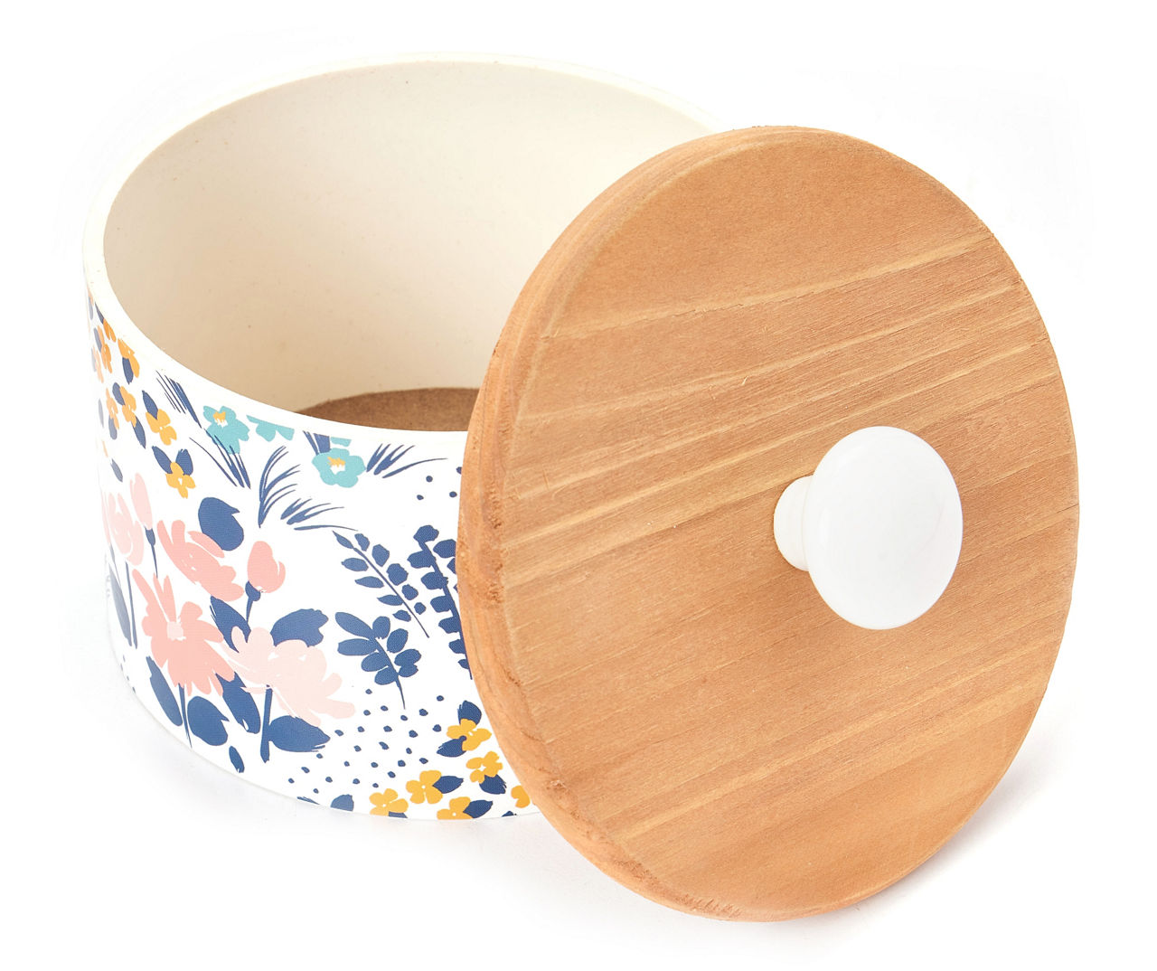 White, Navy & Pink Floral Round Trinket Box