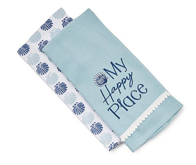 Coastal "Happy Place" Light Blue & White 2-Piece Kitchen Towel Set