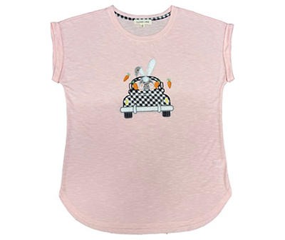 Clover + Pine Women's Pink Heather Bunny Carrot Car Cap-Sleeve Tee