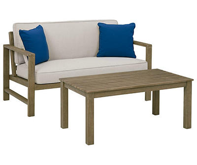 Fynnegan Brown Wood Cushioned Patio Loveseat & Coffee Table Set