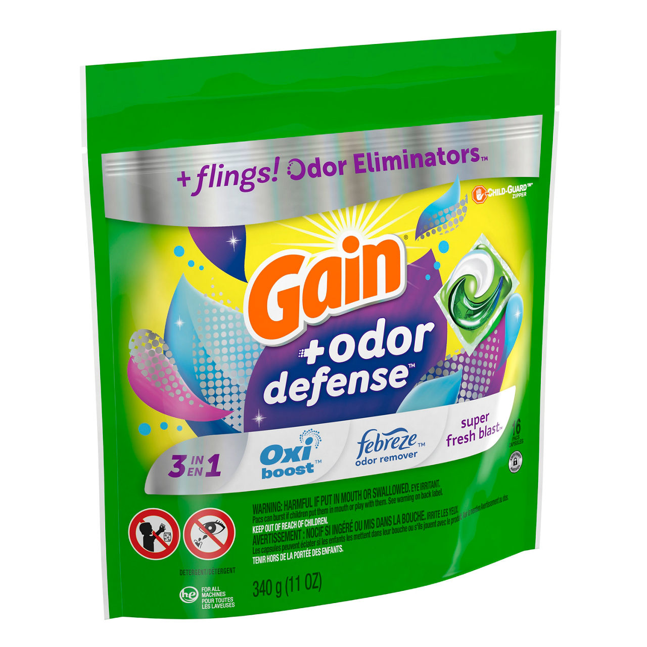 Odor Defense Flings Laundry Detergent Soap Pacs, Super Fresh Blast, 16-Count