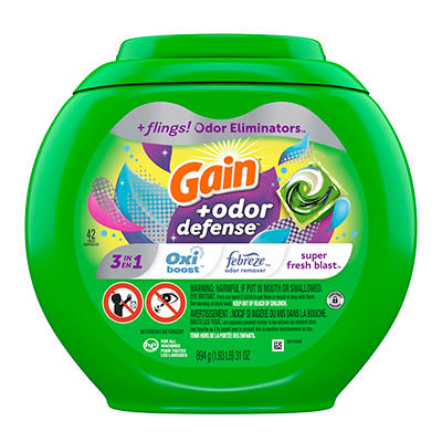 Odor Defense Flings Laundry Detergent Soap Pacs, Super Fresh Blast, 42-Count