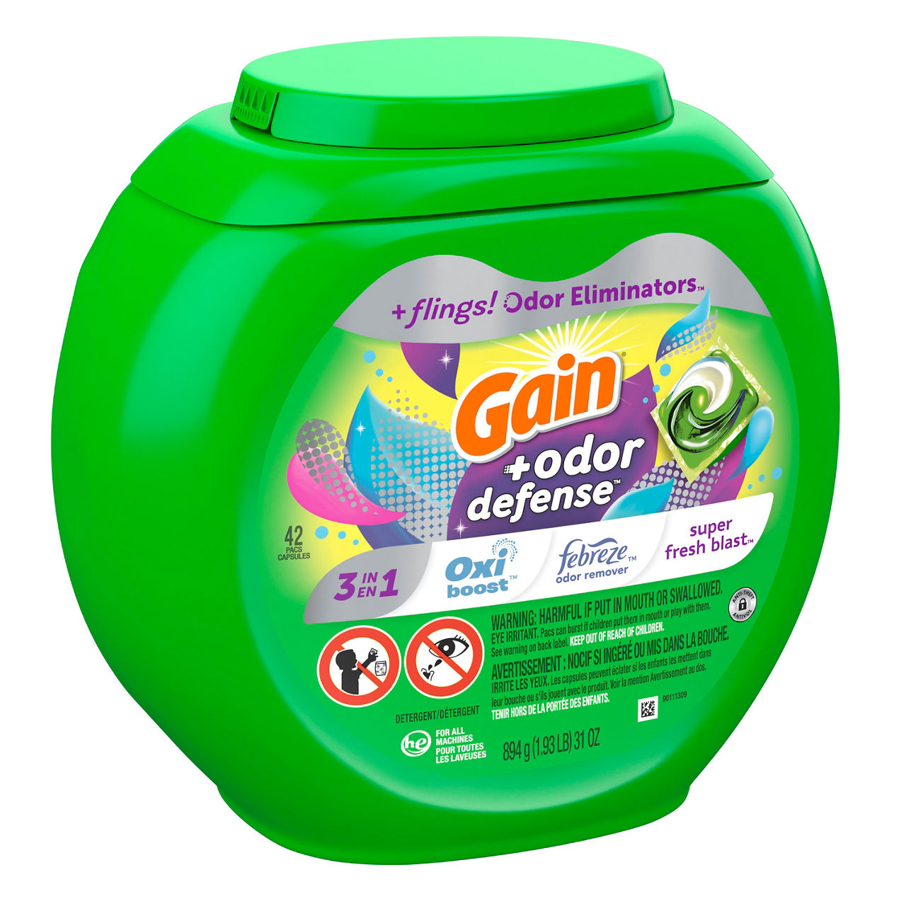 Odor Defense Flings Laundry Detergent Soap Pacs, Super Fresh Blast, 42-Count