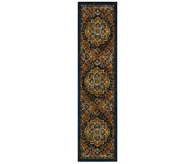 Eason Brown & Navy Ornamental Runner Rug, (2' x 8')