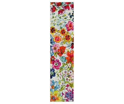 White, Yellow & Red Blossoms Runner Rug, (2' x 8')