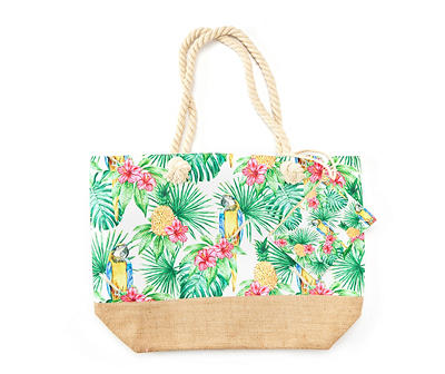 White & Multi-Color Tropical Parrot & Pineapple Tote
