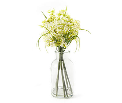 White Floral & Greenery in Glass Bud Vase
