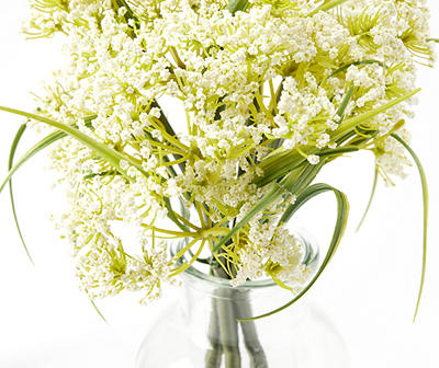 White Floral & Greenery in Glass Bud Vase