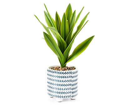Bohemian Farmhouse Green Artificial Plant With White Patterned Pot