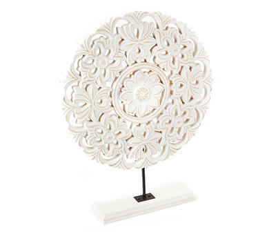 White Floral Cut-Out Carved circle Tabletop Decor