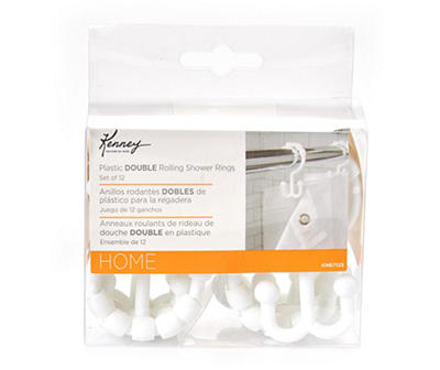 White Plastic Beaded Roller Double Shower Curtain Hooks, 12-Pack
