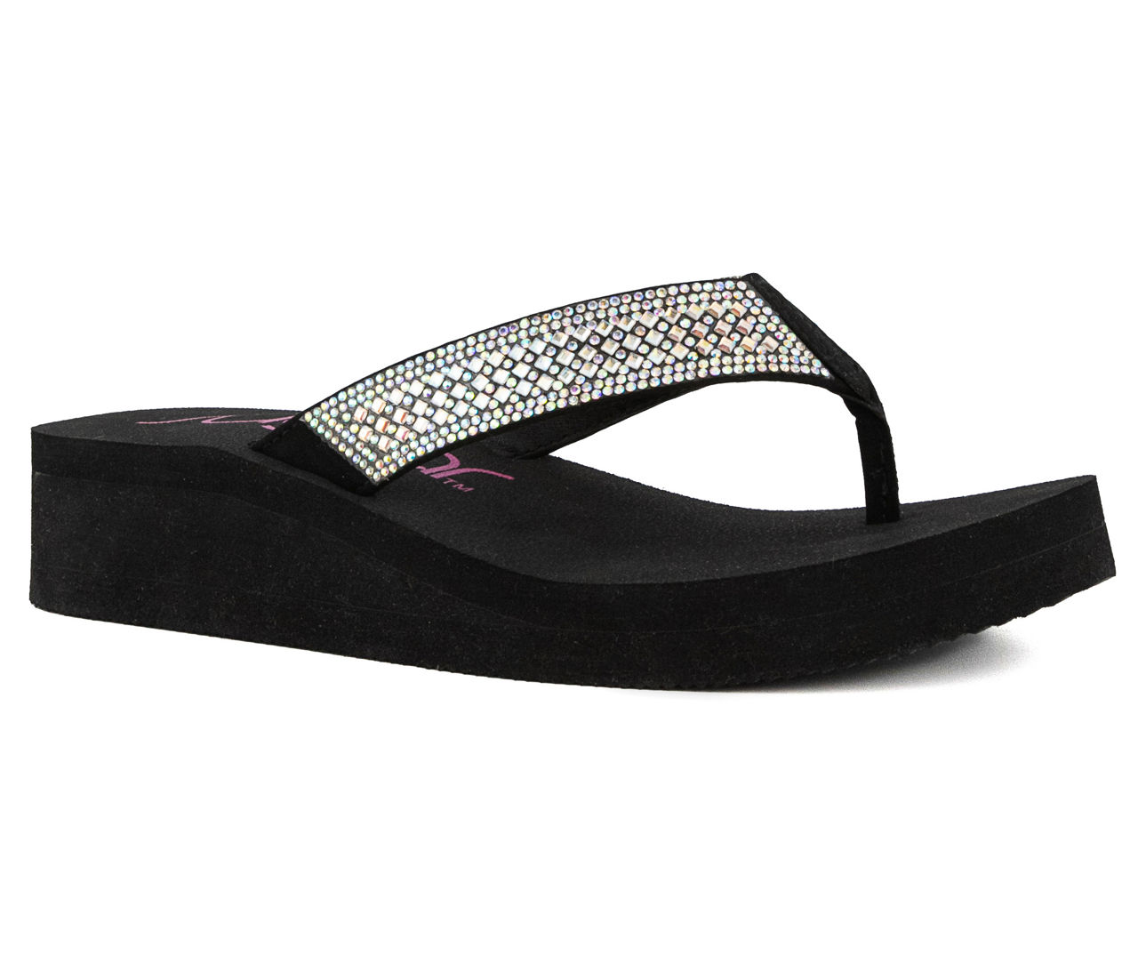 Sugar Sugar Women's Black Rhinestone-Accent Wedge Thong Sandal