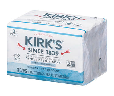 Kirk's Gentle Original Fresh Scent Castile Soap 3 - 4.0 oz Bars