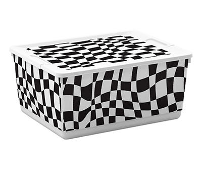 White & Black Wavy Checkerboard Lidded Storage Bin, (14.5
