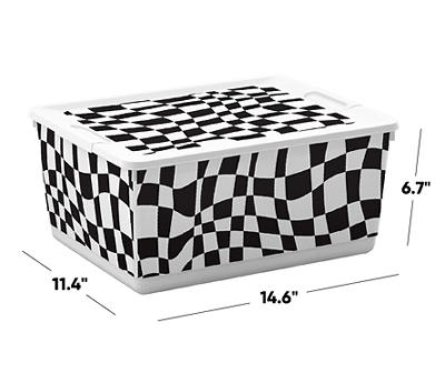 White & Black Wavy Checkerboard Lidded Storage Bin, (14.5")
