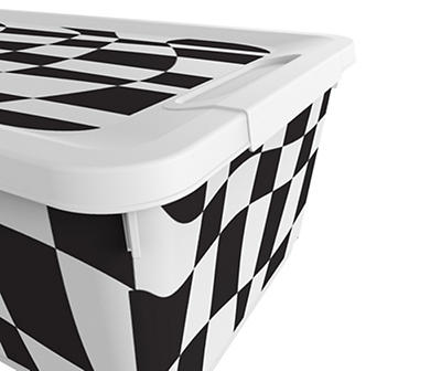 White & Black Wavy Checkerboard Lidded Storage Bin, (14.5")