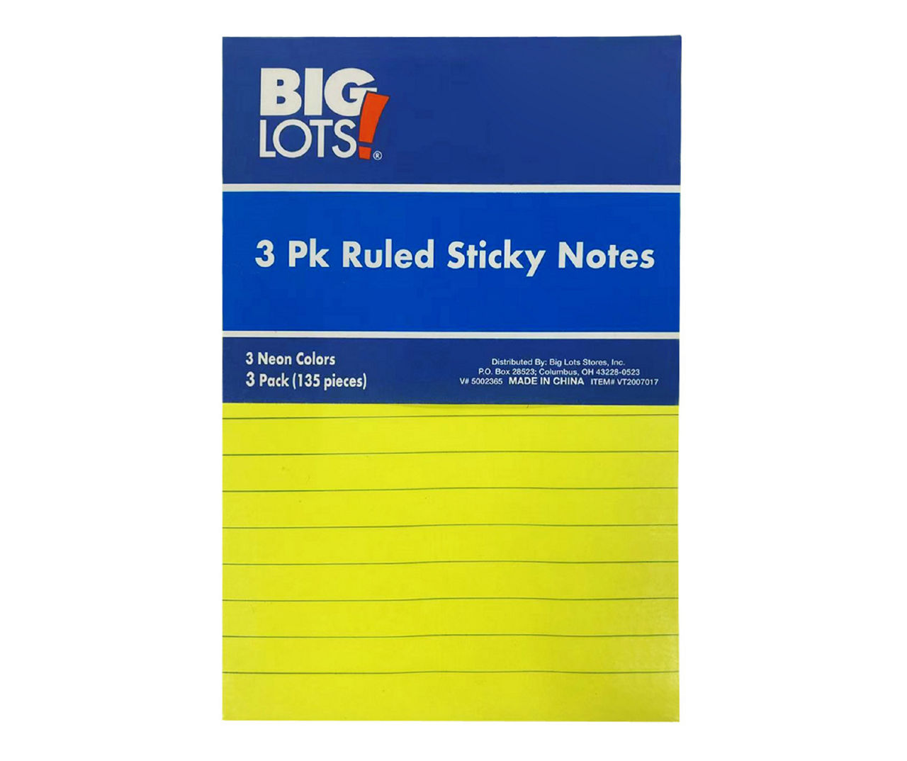 Big Lots Neon 45-Sheet Ruled Sticky Notes, 3-Pack