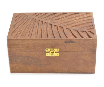Brown Leaf-Carved Wooden Trinket Box