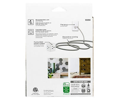 White 3-Outlet Extension Cord Cube, (10')