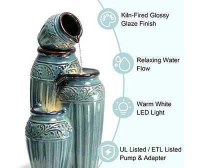 Turquoise Glaze Pot 4-Tier LED Water Fountain