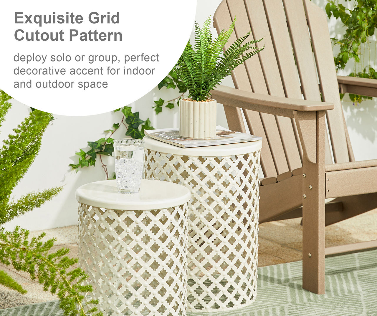 Glitzhome White Floral Cut Out 2 Piece Metal Drum Garden Table Set