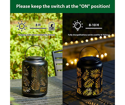 Black Leaf Cut-Out Metal LED Solar Lanterns, 2-Pack