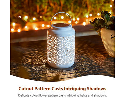 White Flower Cut-Out Metal LED Solar Lanterns, 2-Pack