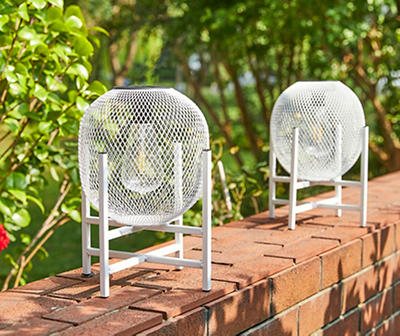 11.5" White Mesh Metal LED Solar Lanterns, 2-Pack