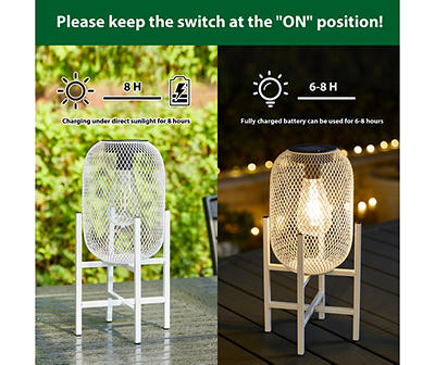 14.2" White Mesh Metal LED Solar Lanterns, 2-Pack