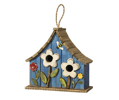 Blue Flower & Bee 2-Opening Wood & Metal Birdhouse