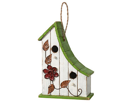 White & Green Floral 2-Opening Wood & Metal Birdhouse