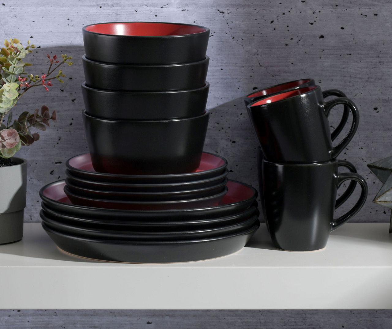 Black Red Two Tone 16 Piece Dinnerware Set