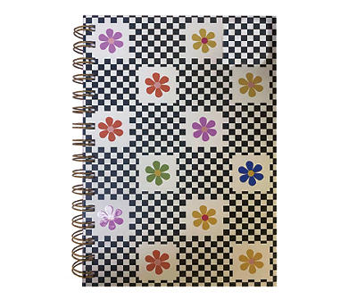 Black & Multi-Color Floral Checkerboard Spiral-Bound Journal