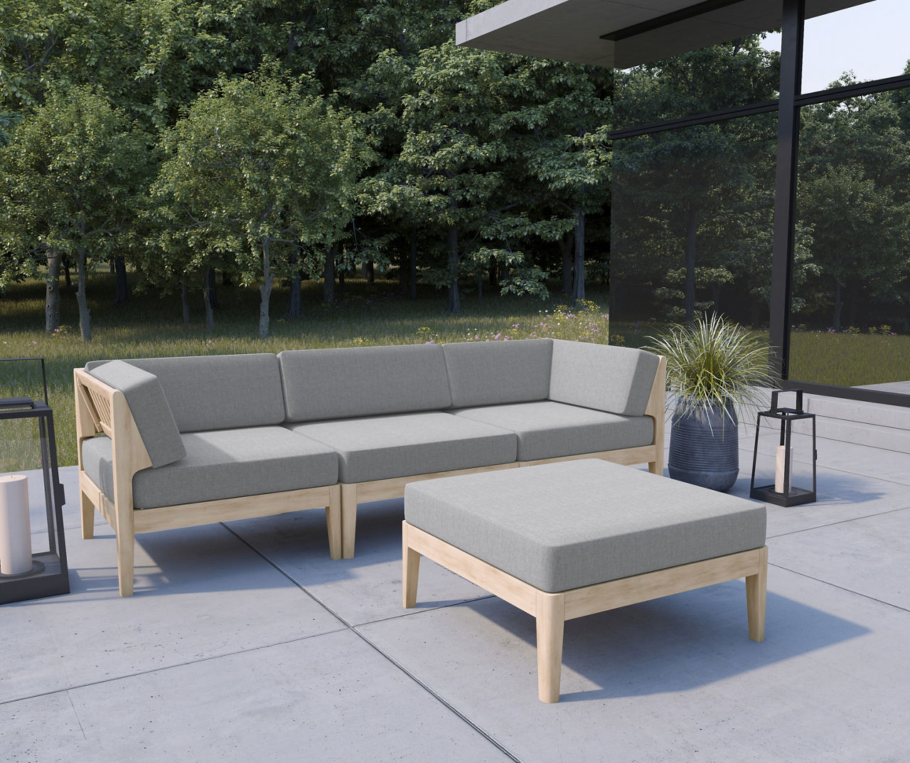 Outdoor Elegance Natural Wood Cushioned Patio Sectional & Ottoman Set