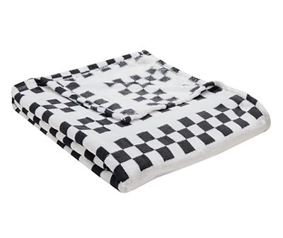 Black & White Checkerboard-Accent Fleece Throw, (50" x 60")