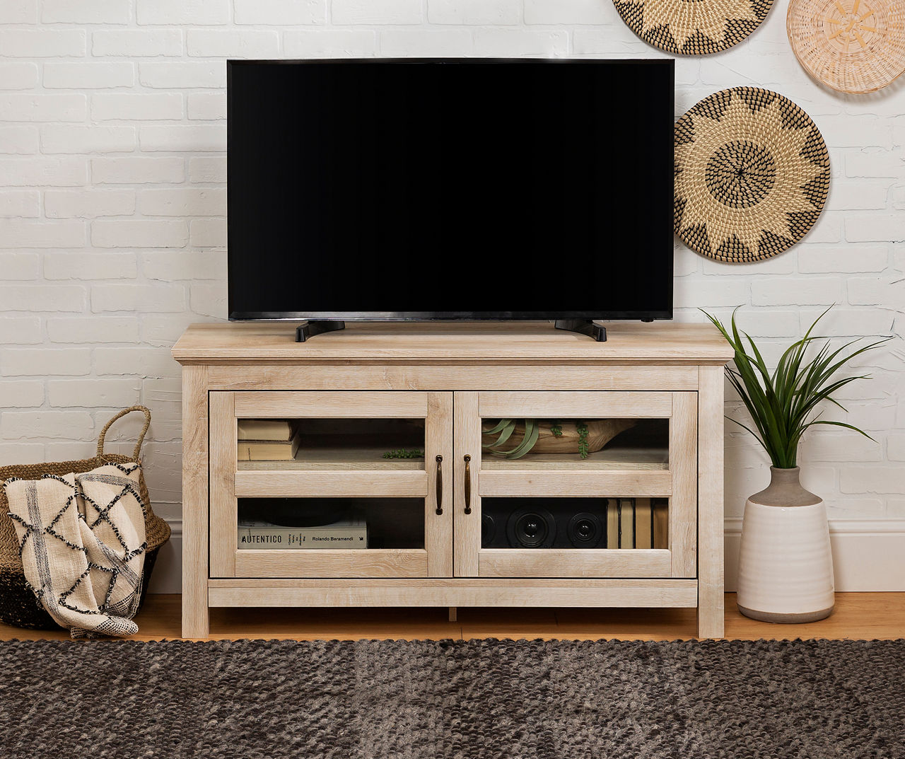 44" White Oak Glass 2-Door TV Stand